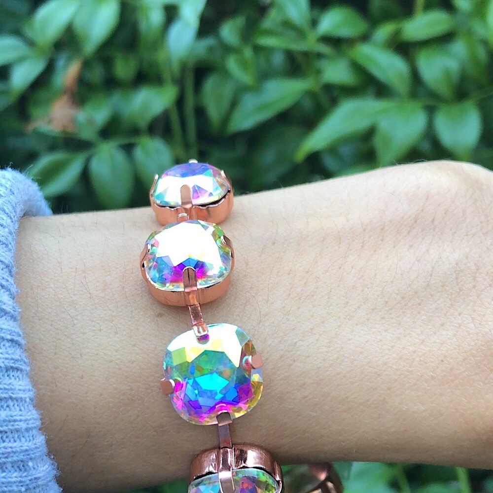 Aurora Borealis + Rose Gold Cushion Cut Crystal Tennis Bracelet - Picture 4 of 9